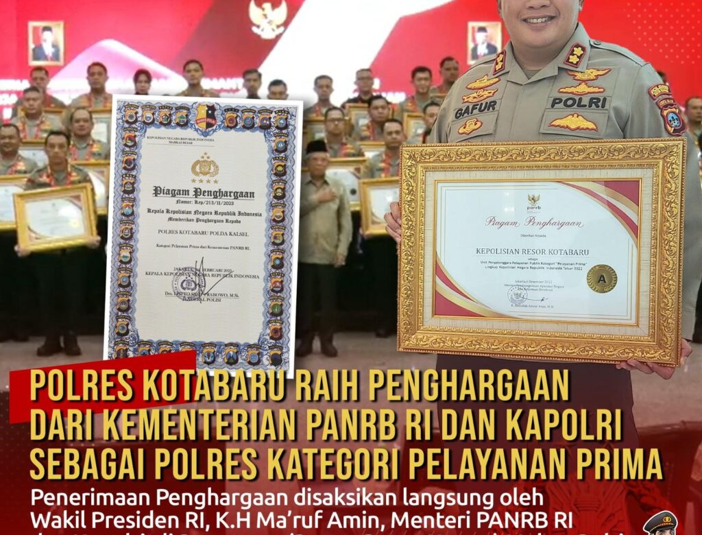 Polres Kotabaru Raih Piagam Pelayanan Prima Dari Kapolri.