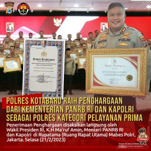 Polres Kotabaru Raih Piagam Pelayanan Prima Dari Kapolri.