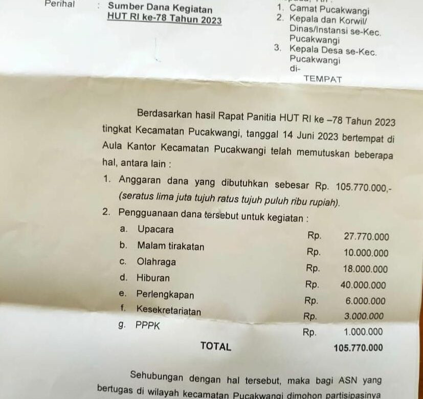 Tidak Punya Anggaran, Acara 17 Agustus 2023 Kecamatan Pucakwangi Minta Sumbangan 
