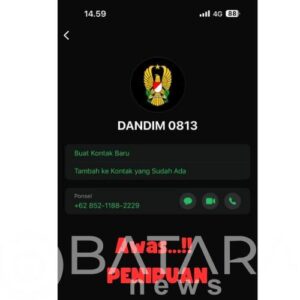 Waspada…!! Beredar Nomer WhatsApp Palsu Mengatasnamakan Dandim 0813 Bojonegoro