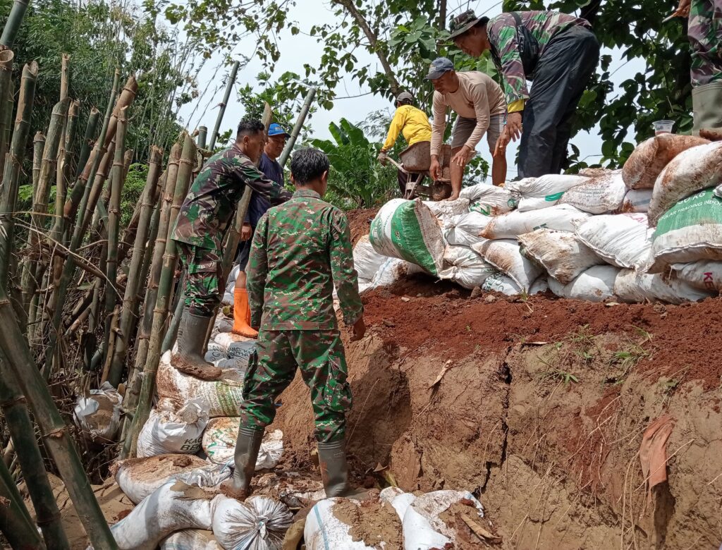 Perkuatan Tanggul Sungai Retak, Anggota Koramil Tambakromo Dikerahkan Karya Bakti