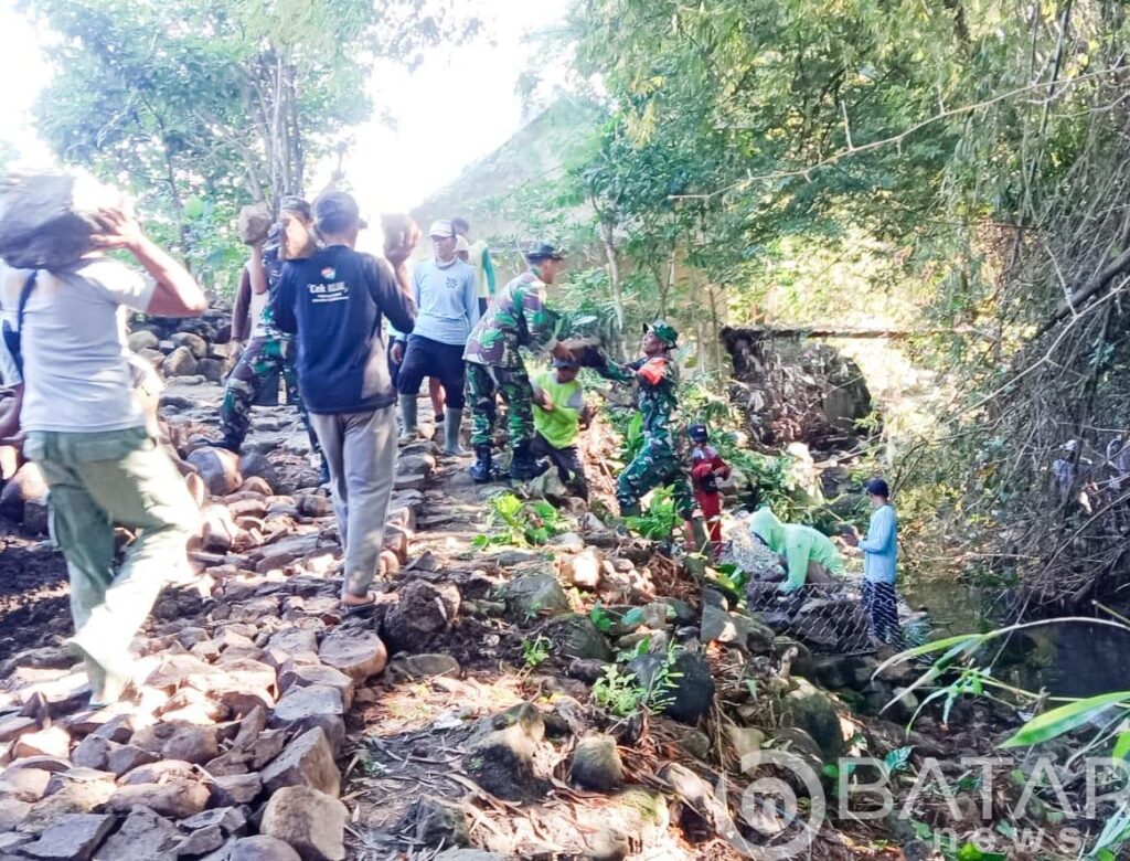 Babinsa Gondang Gotong royong bareng Warga Sambongrejo Bangun Bronjong dan Jalan Makadam