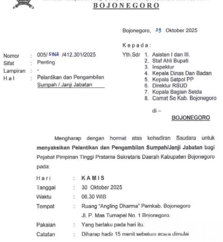 Mruput, Besok Pagi Pemkab Bojonegoro Lantik Sekda Baru